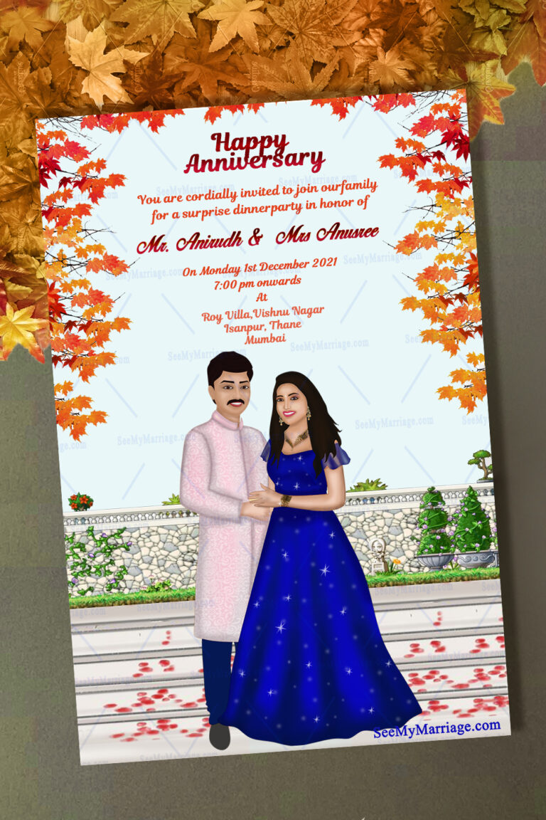 Wedding Anniversary Invitation Card Decorated With Autumn Leaves And Caricature Couple In Kurta - Blue Gown