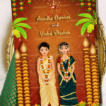Traditional Brahmin Couple Caricature Theme Wedding Invitation Card Decorated With Hindu Floral Toran, Mango leaves