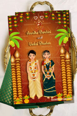 Traditional Brahmin Couple Caricature Theme Wedding Invitation Card Decorated With Hindu Floral Toran, Mango leaves