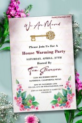 ‘We Are Moved’ House Warming Invitation Card Decorated With Watercolor Flower, Golden Key And Blur Color Background