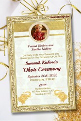 Traditional Dhoti Ceremony Invitation Card In Off White Theme And Decorated With Golden Border, Photo Frame, Golden Elephant