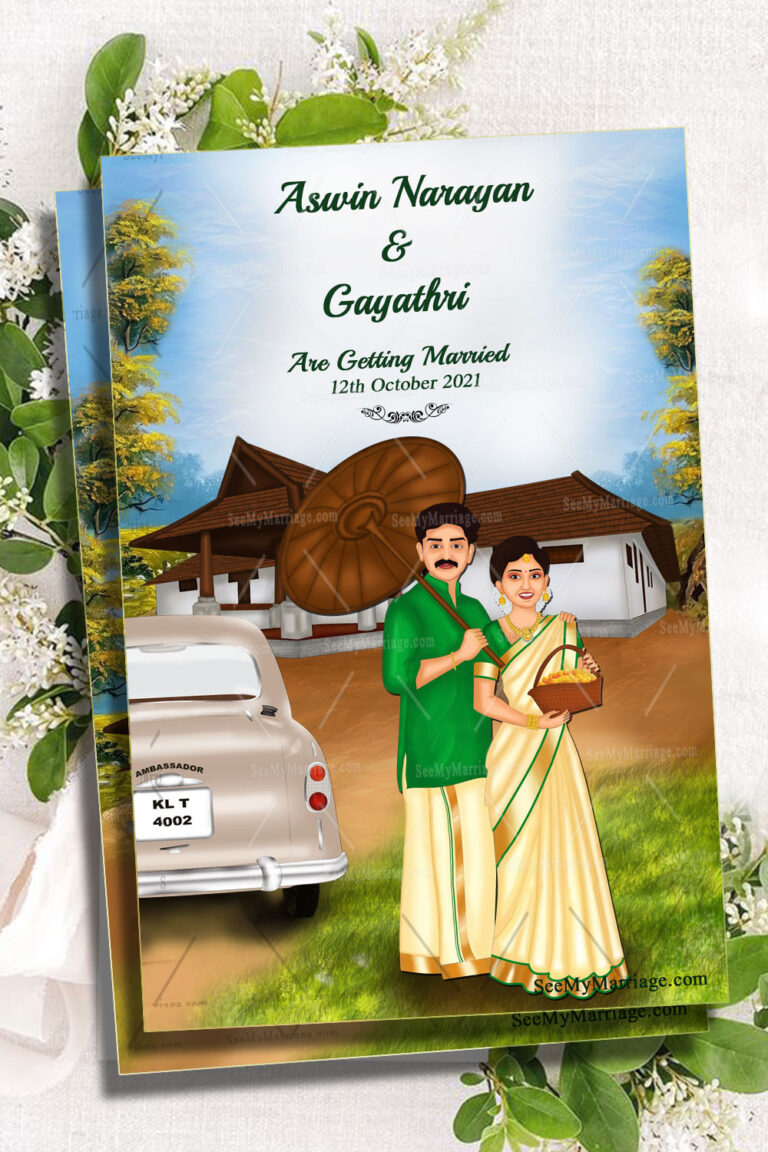 Kerala Style Caricature Wedding Invitation Card Decorated With House, Ambassador Car Sky Theme, Holding Umbrella And Couple In Traditional Dhoti And Bride In Kerala Kasavu Saree