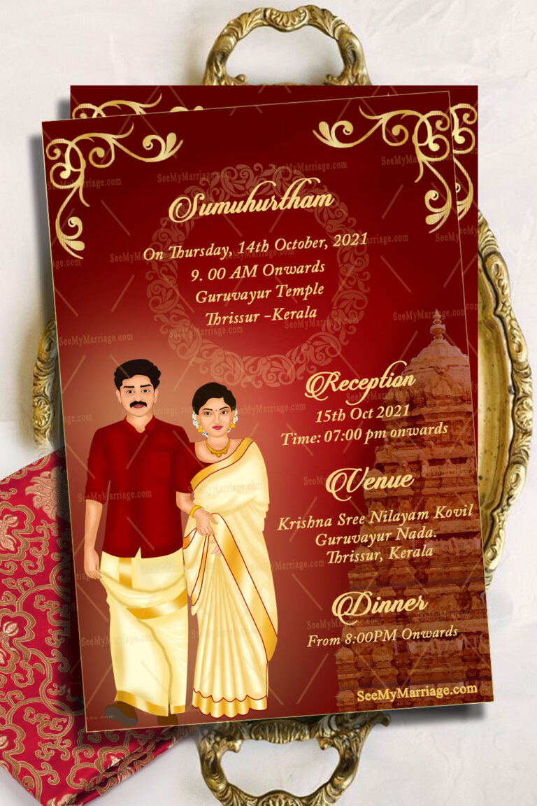 Kerala Style Caricature Wedding  Invitation Card Decorated With Gold Mandala Design, Red Theme And Couple In Traditional Dhoti And Bride In Kerala Kasavu Saree