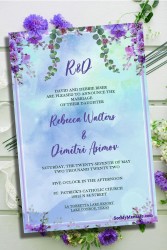 Russian Wedding invitation Card Decorated with Watercolor Hanging Lavender In Blue Background Theme