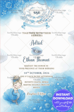 A Fun Filled Mermaid Theme Russian Wedding Invitation Card With Sea Shell, Starfish And Cute Mermaid