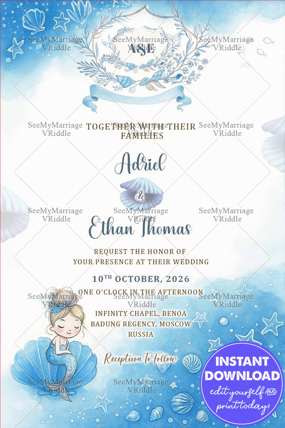 A Fun Filled Mermaid Theme Russian Wedding Invitation Card With Sea Shell, Starfish And Cute Mermaid