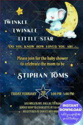 Baby Shower Invitation Card With Cute Watercolor Baby Elephant Sitting On The Moon And Smiling little Star In A Beautiful Dark Blue Sky