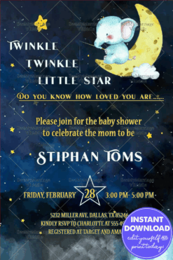 Baby Shower Invitation Card With Watercolor Elephant Sitting On The Moon And Smiling little Star In A Beautiful Dark Blue Sky