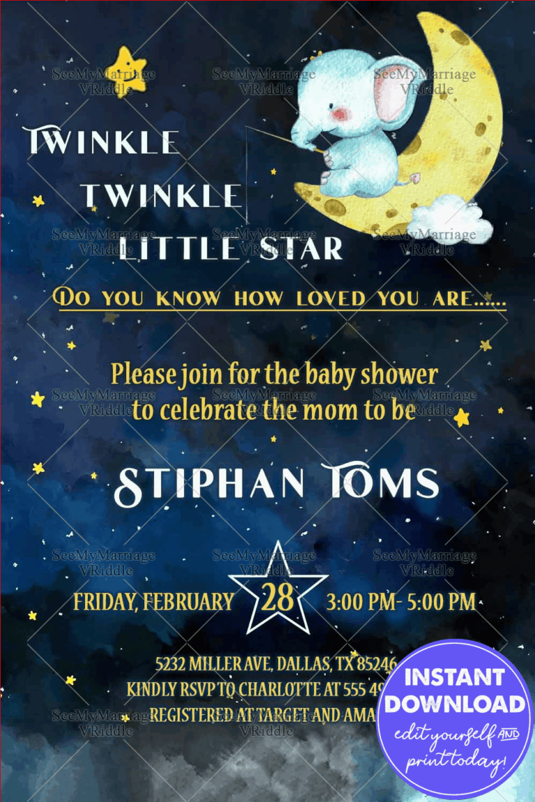 Baby Shower Invitation Card With Watercolor Elephant Sitting On The Moon And Smiling little Star In A Beautiful Dark Blue Sky