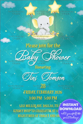 Baby Shower Invitation Card With Cute Watercolor Baby Elephant Sitting On The Star Parachute And Smiling little Star In A Beautiful Sky And Clouds