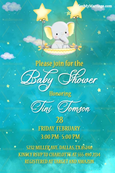 Baby Shower Invitation Card With Cute Watercolor Baby Elephant Sitting On The Star Parachute And Smiling little Star In A Beautiful Sky And Clouds