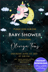 Baby Unicorn Dreaming Themed Baby Shower Invitation card Decorated With Stars And Clouds In Black Background