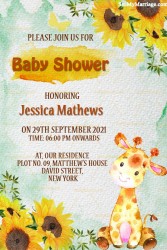 Cute Baby Giraffe And Sunflower Themed Baby Shower Invitation Card With Watercolor Background