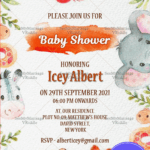 Cute Baby Animals Theme Baby Shower Invitation Card Decorated With Watercolor Leaves In Orange Color Theme