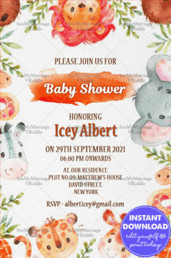 Cute Baby Animals Theme Baby Shower Invitation Card Decorated With Watercolor Leaves In Orange Color Theme