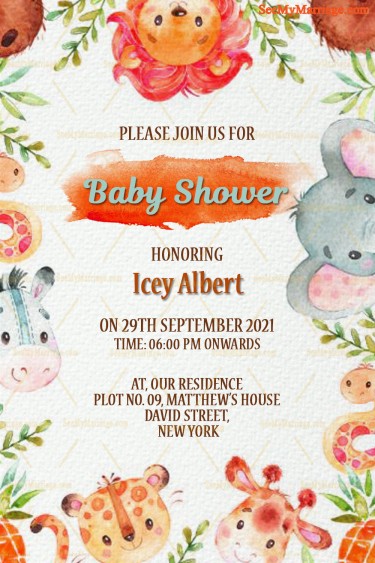Cute Baby Animals Theme Baby Shower Invitation Card Decorated With Watercolor Leaves In Orange Color Theme