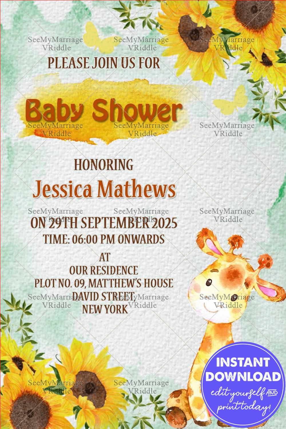Cute Baby Giraffe And Sunflower Themed Baby Shower Invitation Card With Watercolor Background