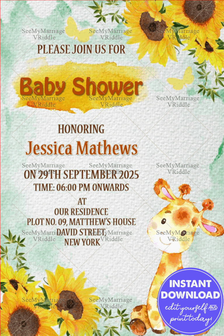 Cute Baby Giraffe And Sunflower Themed Baby Shower Invitation Card With Watercolor Background
