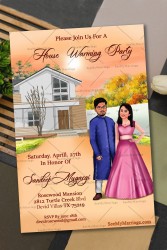 'Home Sweet Home' House Warming Invitation Card With Caricature Couple In Traditional Attire And House Clipart In Background