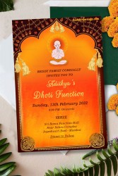 Traditional Dhoti Ceremony Invitation Card In Orange Theme And Decorated With Maroon Mahal Frame, Golden Border, Brahman