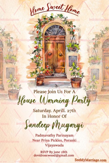 'Home-Sweet-Home'-House-Warming-Invitation-Card-Decorated-With-Watercolor-Theme-House-In-Light-Brown-Background