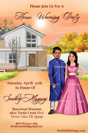 'Home Sweet Home' House Warming Invitation Card With Caricature Couple In Traditional Attire And House Clipart In Background