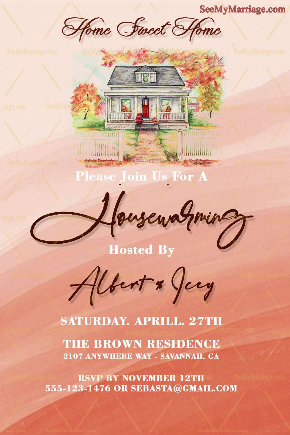 'Home Sweet Home' Housewarming Invitation Card With Watercolor House In Peach Color Background