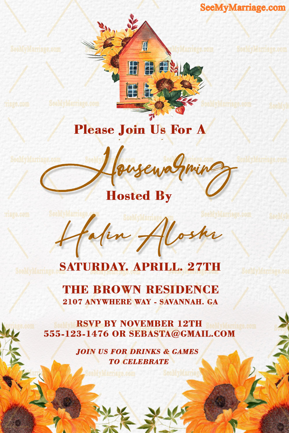 Housewarming Invitation Card Decorated With Watercolor Sunflower And House In Yellow Color
