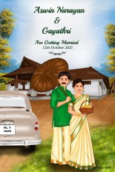 A Unique South Indian Wedding Theme WhatsApp Invitation Card Decorated With House, Sky Theme, Holding Umbrella And Couple In Traditional Dhoti And Bride In Kerala Kasavu Saree