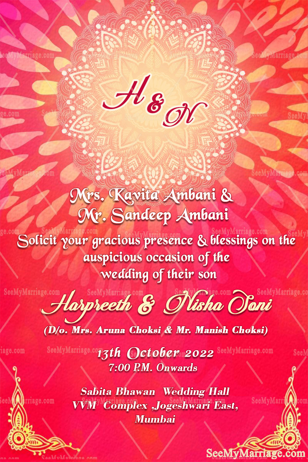 Punjabi Style Caricature Wedding Invitation Card Decorated With Mandala Design, Pink Background, Holding Umbrella And Couple In Traditional Kurta, Turban And Bride In Lehenga