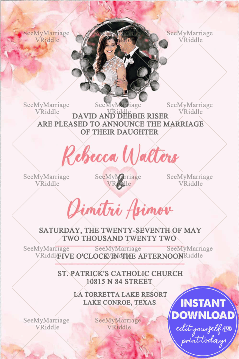 Pretty Pink Russian Wedding invitation Card Decorated With Watercolor Flowers, Couple Photo Frame, Pink Background Theme