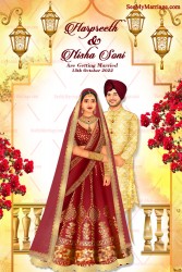 Punjabi Caricature Wedding Invitation Card Decorated With Mahal Frame, Buganvilla Flower, Hanging Lights And Punjabi Couple In Kurta And Bride In Red Lehenga