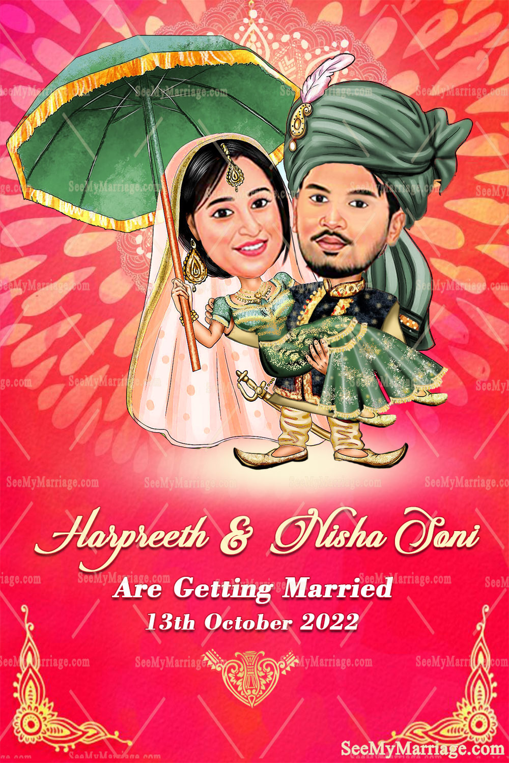 Punjabi Style Caricature Wedding Invitation Card Decorated With Mandala Design, Pink Background, Holding Umbrella And Couple In Traditional Kurta, Turban And Bride In Lehenga