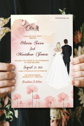 Russian Wedding Invitation Card Decorated With Peach Color Flowers And Bride And Groom Illustration In Western-Style Attire, Pink Watercolor Background