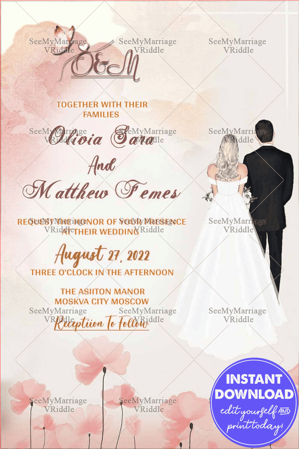 Russian Wedding Invitation Card Decorated With Peach Color Flowers And Bride And Groom Illustration In Western-Style Attire, Pink Watercolor Background