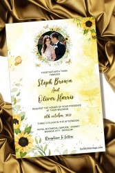 Russian Wedding Invitation Card Decorated With Sunflowers On A Yellow Background And Couple Photo Frame