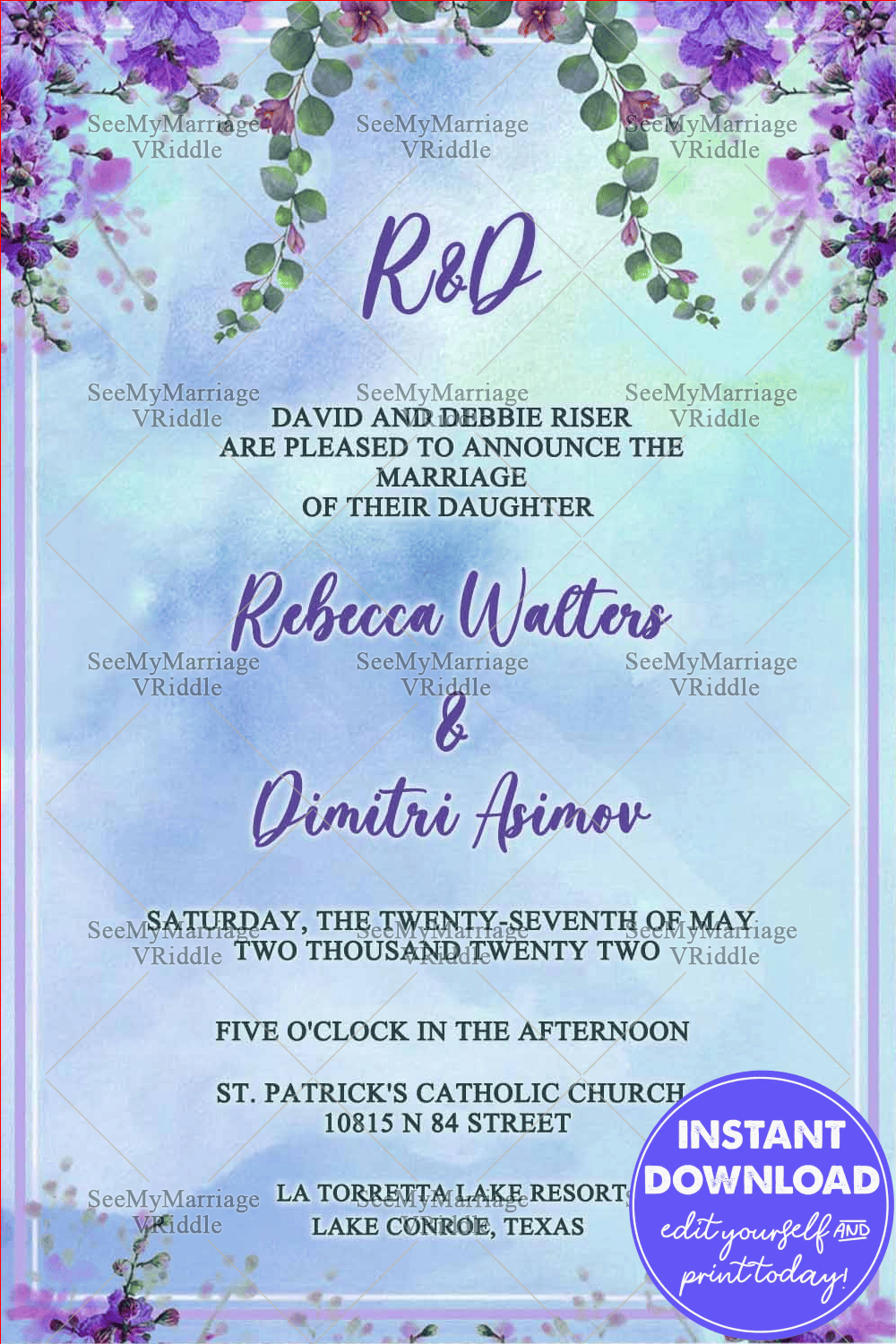 Russian Wedding Invitation Card Decorated With Watercolor Hanging Lavender In Blue Background Theme