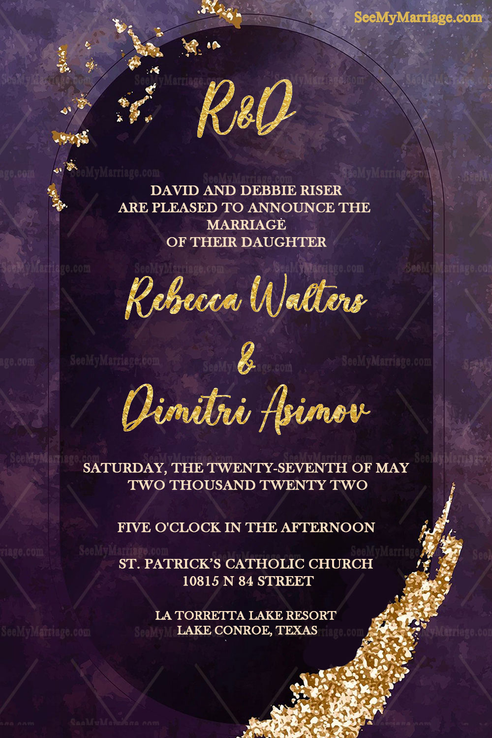 Simple Russian Wedding Invitation Card Decorated With Golden Letters And Glitter On A Purple Background