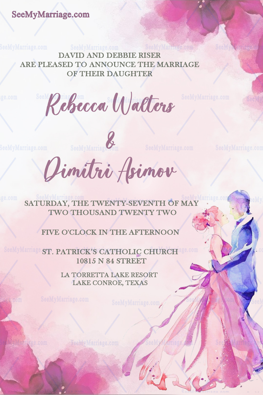 Simple Russian Wedding Invitation Card Decorated With Watercolor Flower And Lovely Couple On A Pink Background