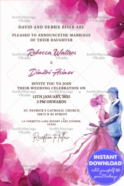 Simple Russian Wedding Invitation Card Decorated With Watercolor Flower And Lovely Couple On A Pink Background