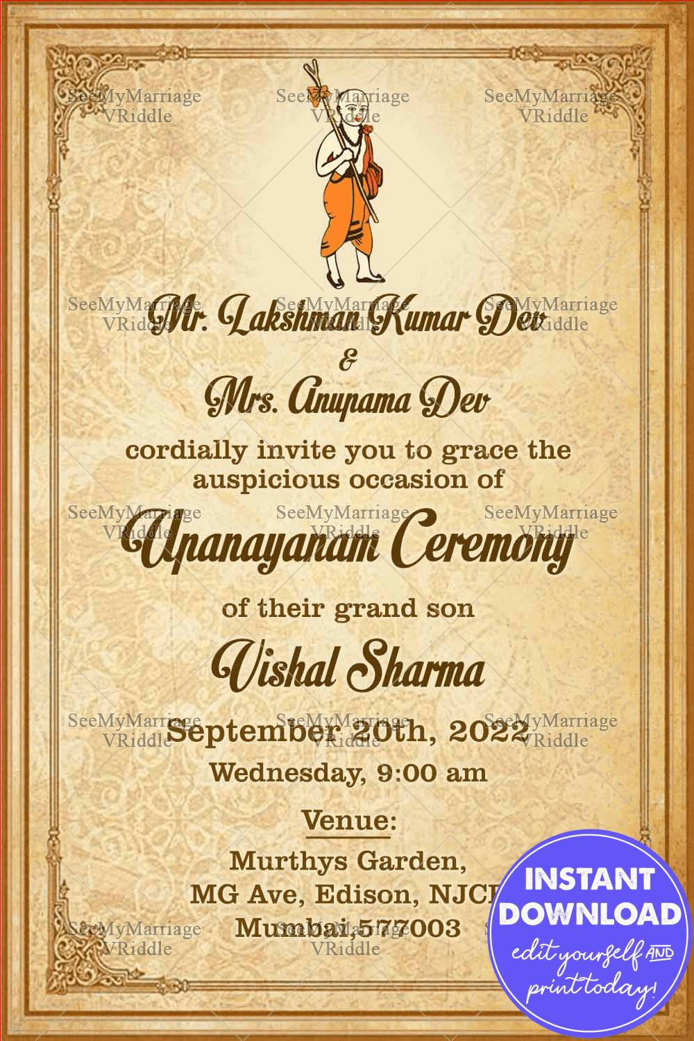 Simple Traditional Upanayanam Ceremony Invitation Card In Light Brown Theme