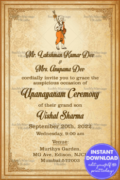 Simple Traditional Upanayanam Ceremony Invitation Card In Light Brown Theme