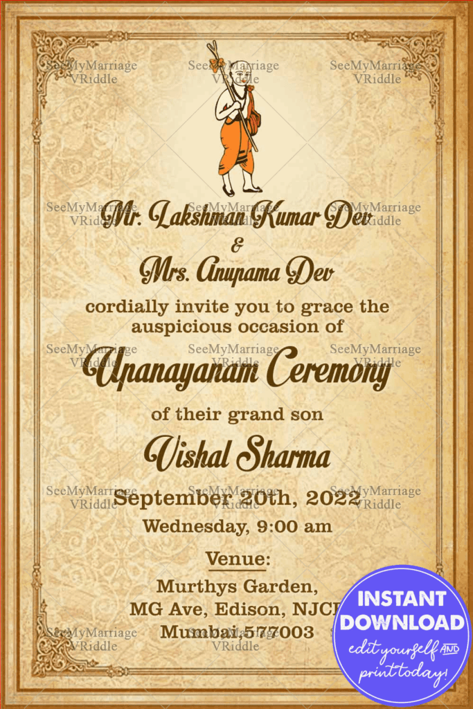 Simple Traditional Upanayanam Ceremony Invitation Card In Light Brown Theme