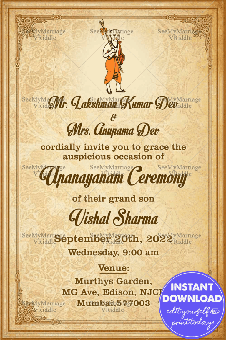 Simple Traditional Upanayanam Ceremony Invitation Card In Light Brown Theme