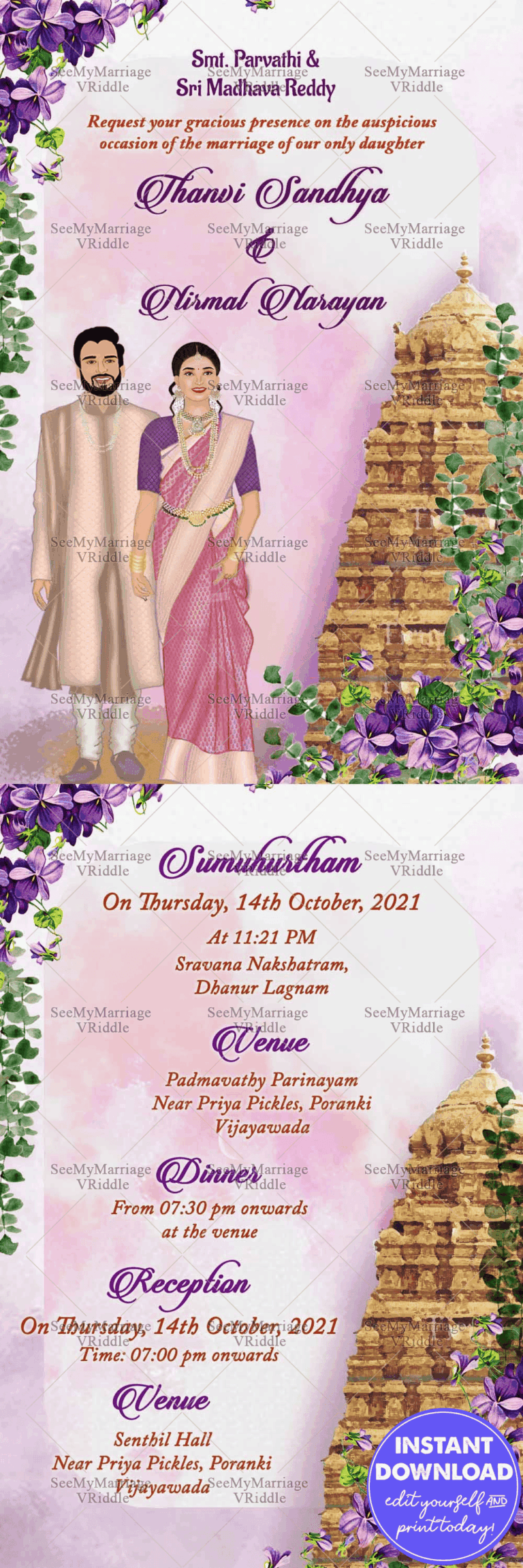 South Indian Wedding Invitation Card Decorated With Temple, Purple Flower And Caricature Couple In Kurta And Bride In Pink Saree