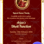Traditional Dhoti Ceremony Invitation Card In Maroon Theme And Decorated With Golden Border, Photo Frame, Golden Leaves