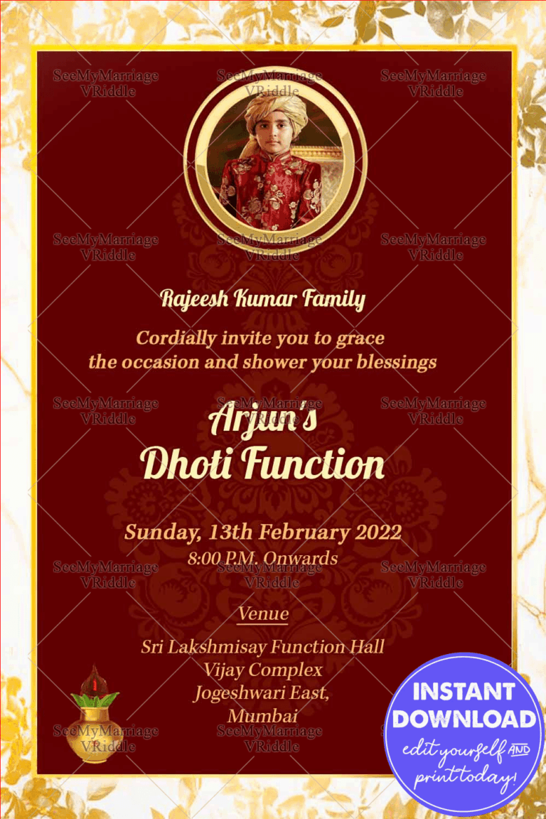 Traditional Dhoti Ceremony Invitation Card In Maroon Theme And Decorated With Golden Border, Photo Frame, Golden Leaves