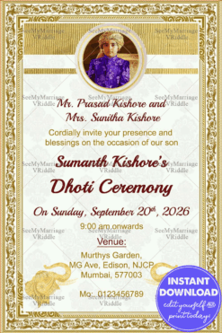 Traditional Dhoti Ceremony Invitation Card In Off White Theme And Decorated With Golden Border, Photo Frame, Golden Elephant