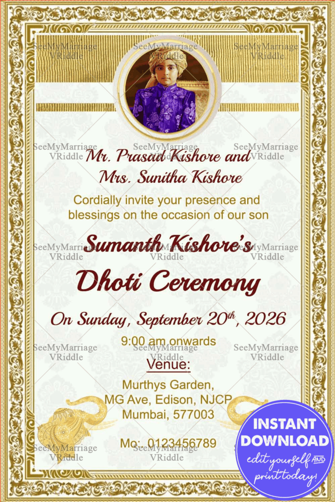 Traditional Dhoti Ceremony Invitation Card In Off White Theme And Decorated With Golden Border, Photo Frame, Golden Elephant