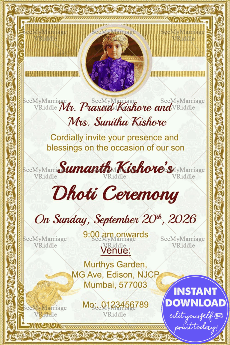 Traditional Dhoti Ceremony Invitation Card In Off White Theme And Decorated With Golden Border, Photo Frame, Golden Elephant